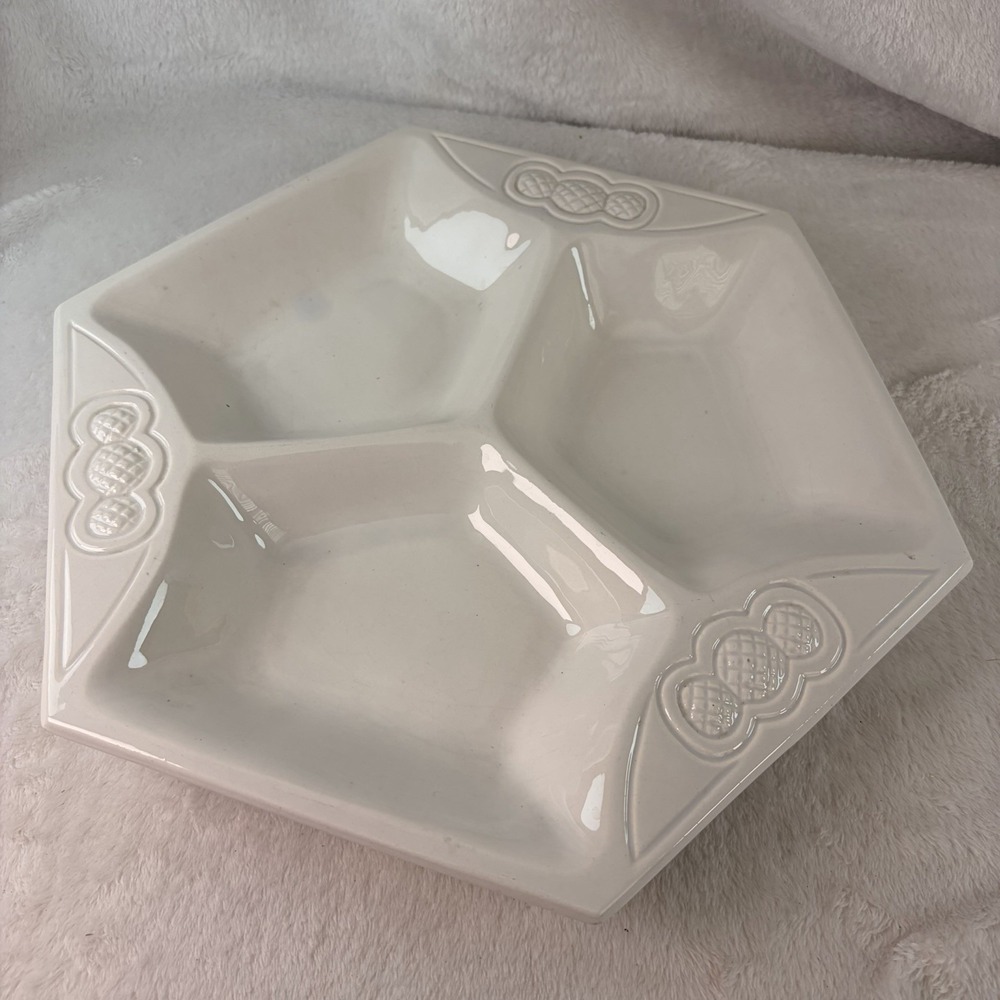 Vintage 60s California Pottery White Hexagon Divided Serving Dish L 204 MCM USA